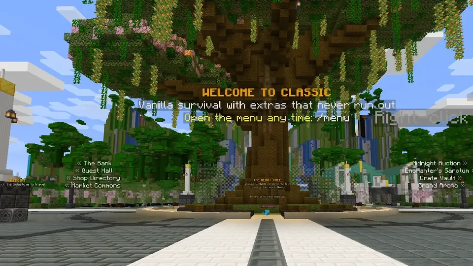 The Classic spawn: a huge blossoming tree with a welcome message and signs to the bank, quest hall and market.